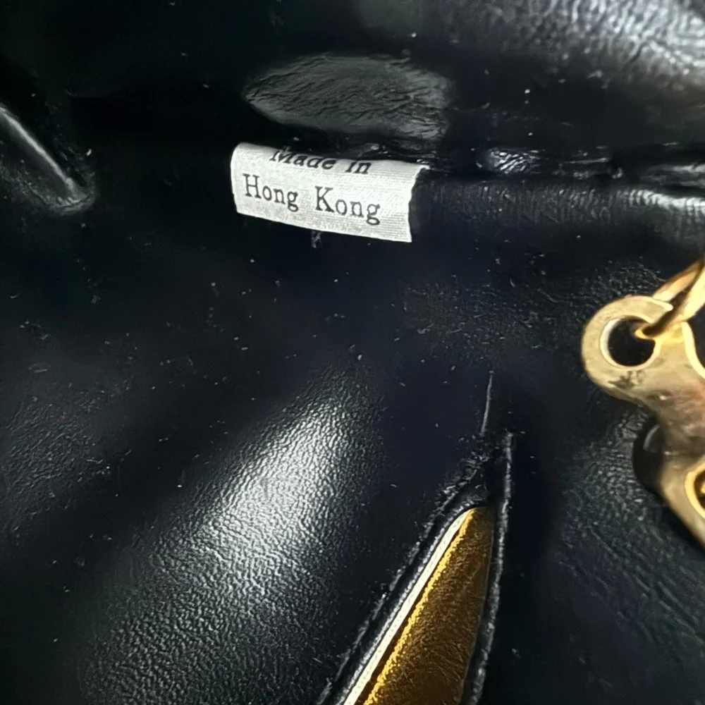 Vintage Rodo Black Lacquer Wicker Bag with gold tone chain Strap